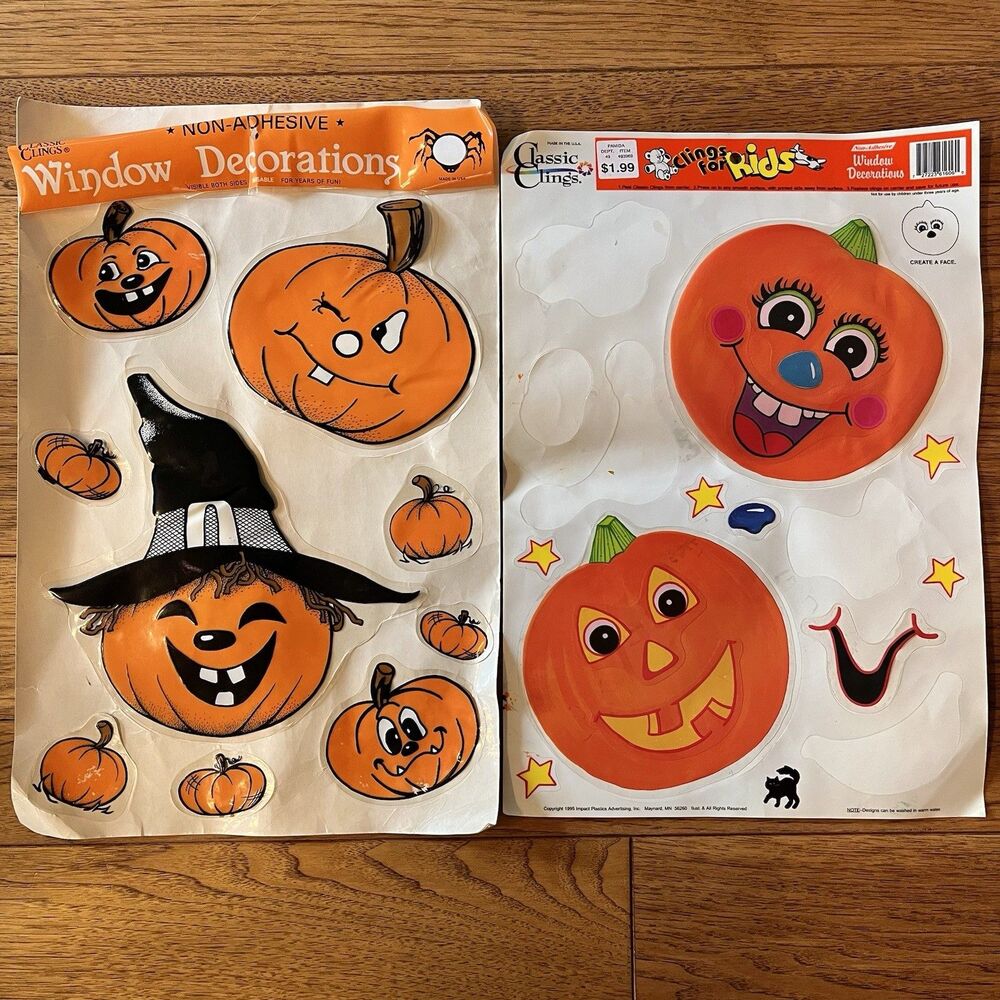Vintage Halloween Window Cling Sets Cute Pumpkin Jack O Lanterns
